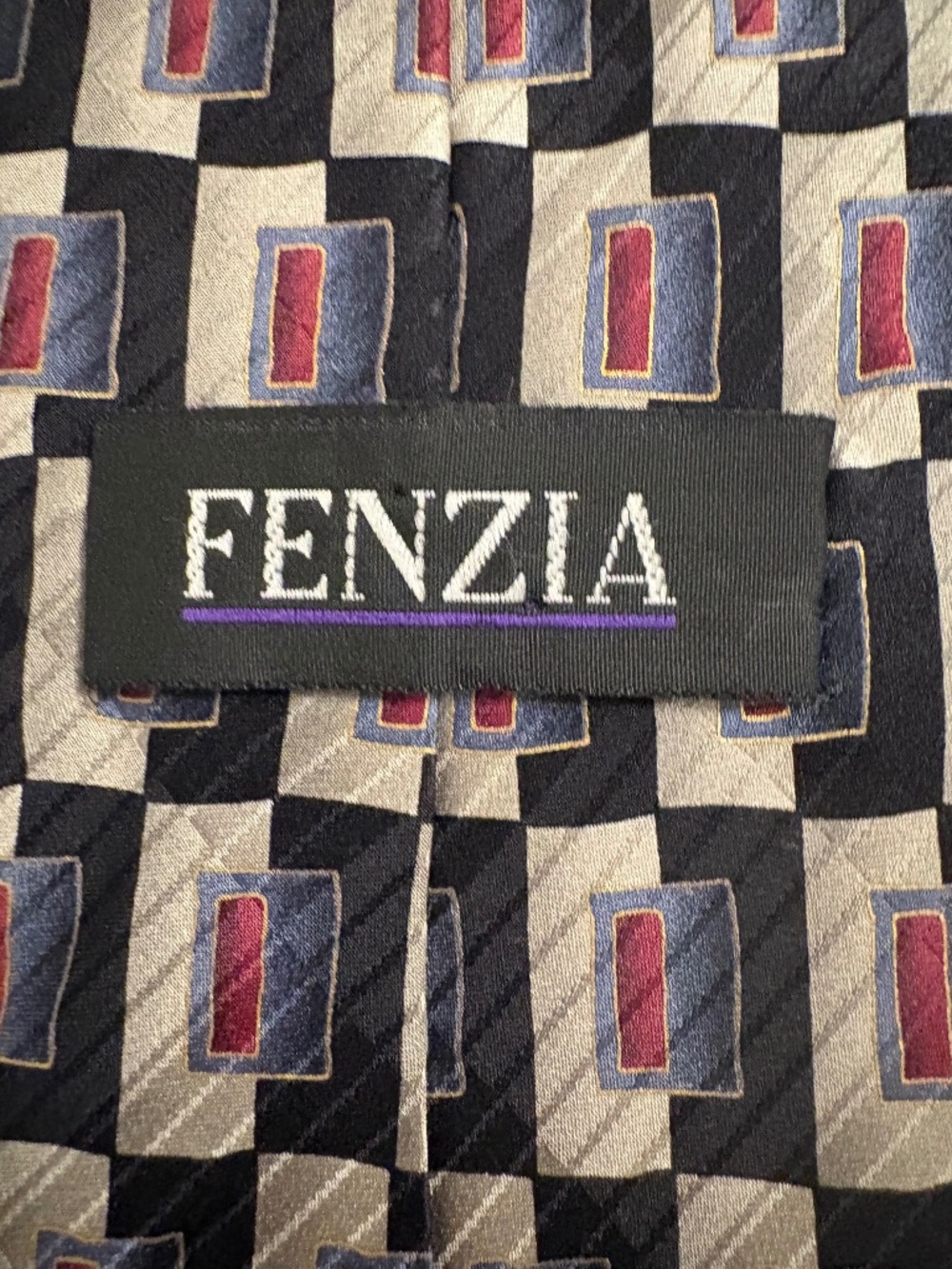 Vintage Fenzia Geometric Silk Necktie – Black/Gray/Red Checkerboard (3.75” Wide)